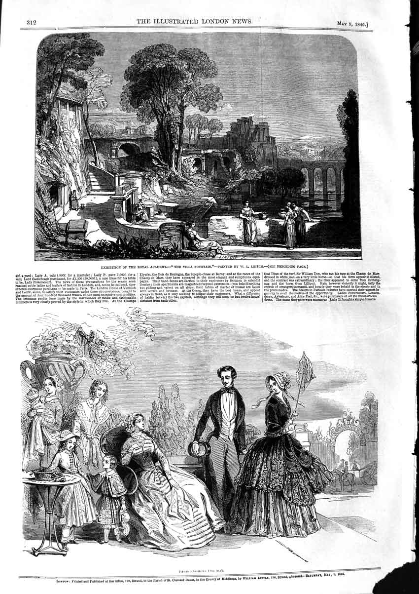 Old Antique Print 1846 View Villa Fountain Leitch Royal Academy Fashion 19th