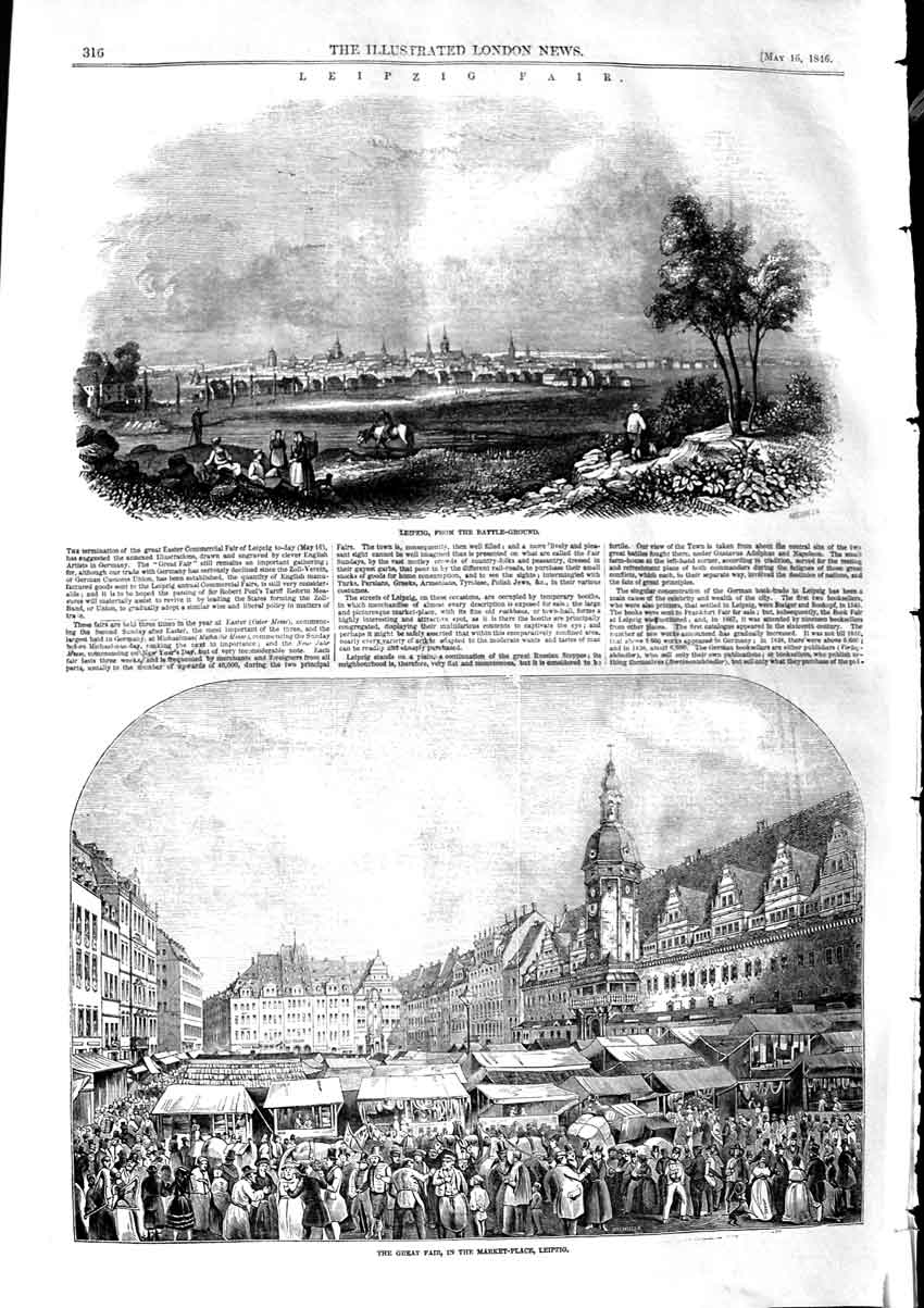Original Old Antique Print 1846 Leipzig Great Fair Market Place Battle Ground