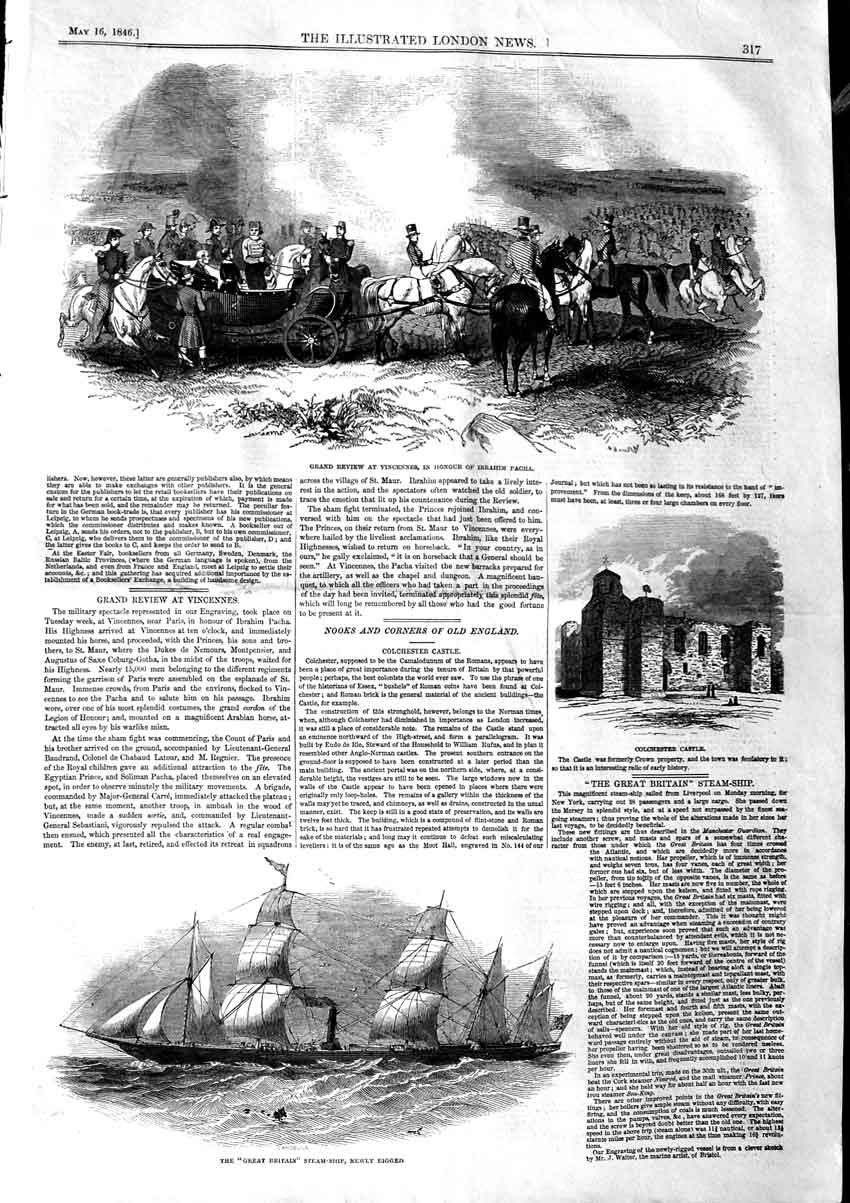 Original Old Antique Print 1846 Vincennes Ibrahim Pacha Colchester Castle Ship
