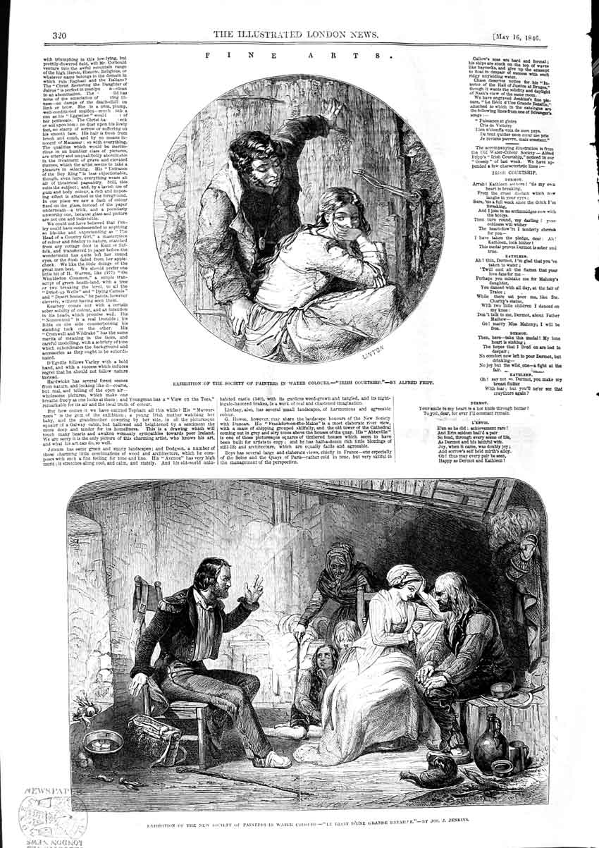 Original Old Antique Print 1846 Fine Art Water Colours Ireland Romance Bataille