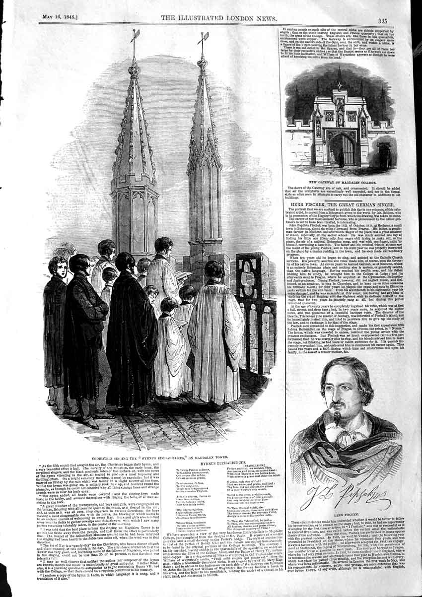 Original Old Antique Print 1846 Magdalen College Herr Pischek Choristers Hymnus