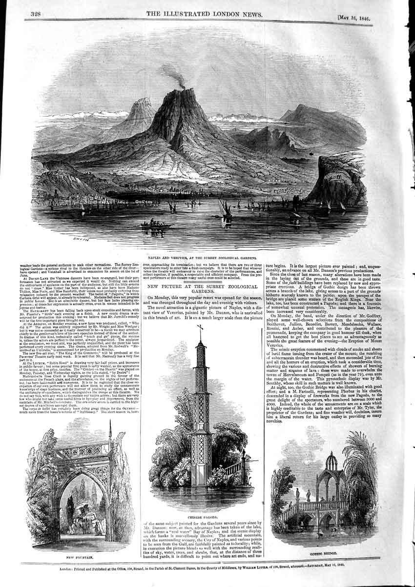 Old Antique Print 1846 Naples Mount Vesuvius Chinese Pagoda Gothic Bridge 19th