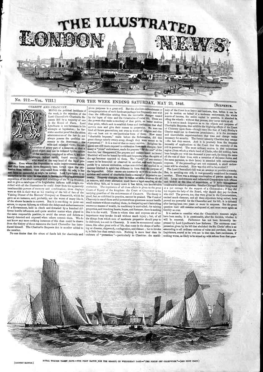 Original Old Antique Print 1846 Royal Thames Yacht Club Sport Gr 19th