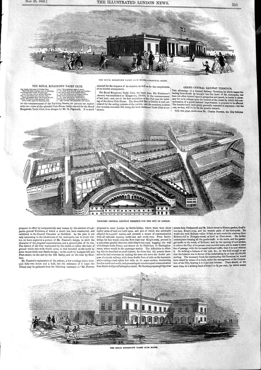 Old Antique Print 1846 Kingstown Yacht Club House Railway Terminus London 19th