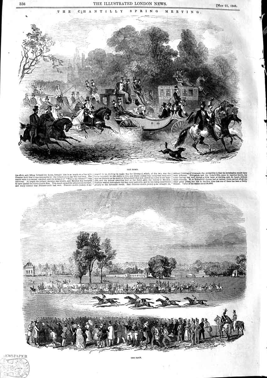 Original Old Antique Print 1846 Chantilly Horse Races Spring Meeting Coaches