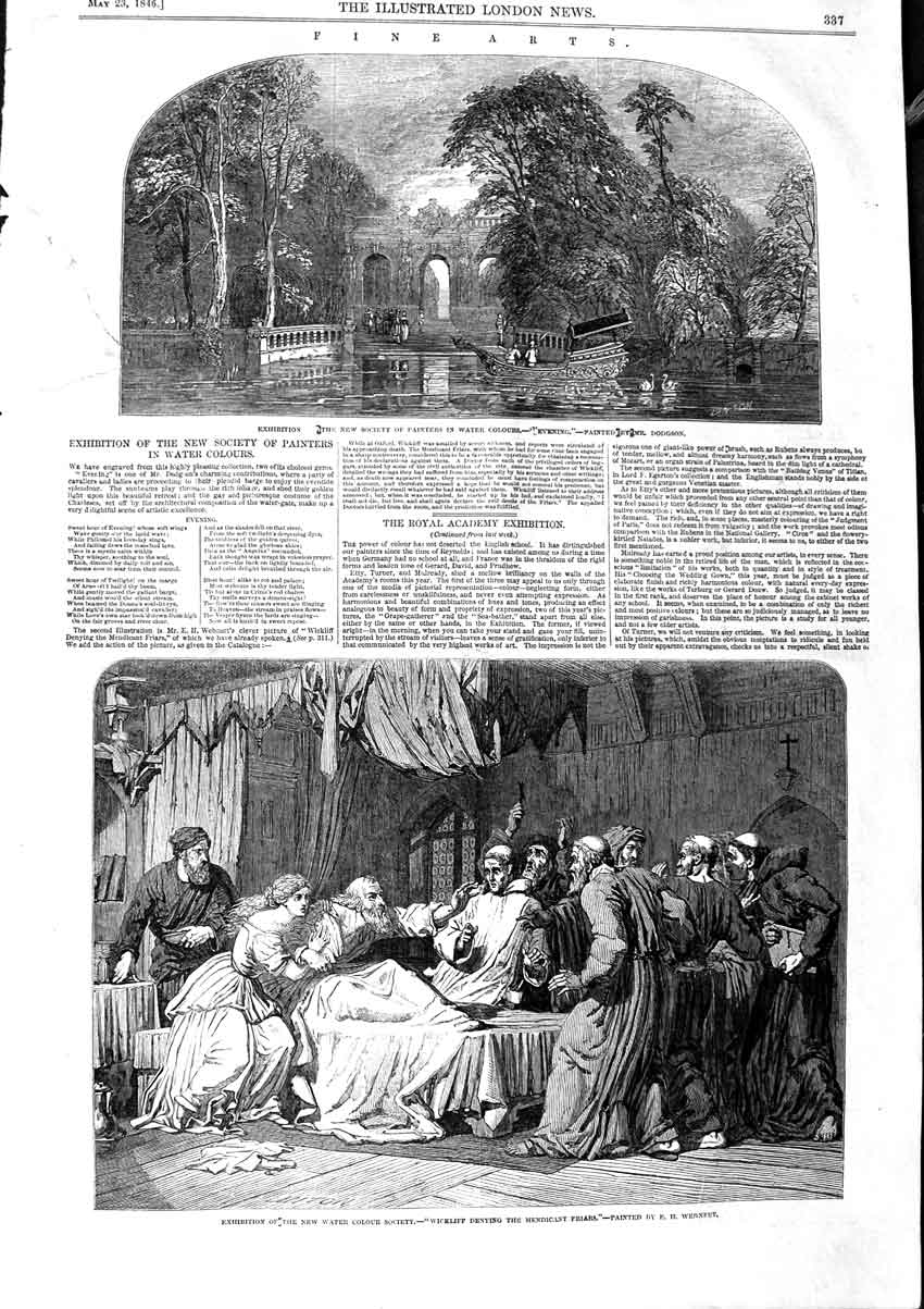Old Antique Print 1846 Fine Art Wickliff Mendicant Friars Lake Trees Boat 19th