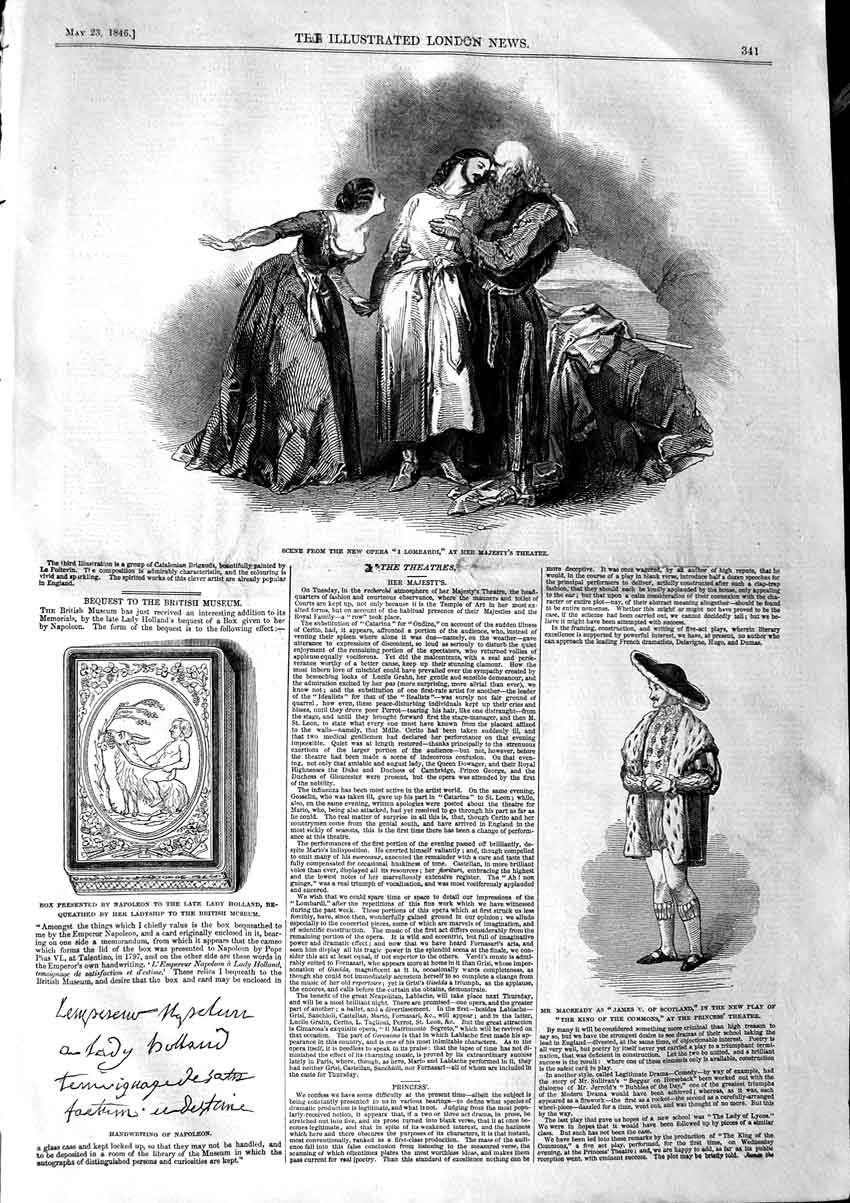 Original Old Antique Print 1846 Lombardi Majesty Theatre Napoleon Handwriting
