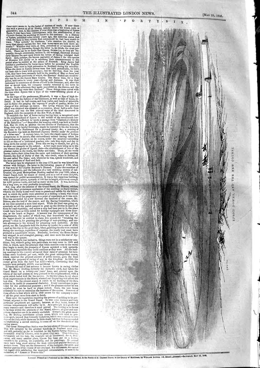Original Old Antique Print 1846 View Epsom Downs Horse Races Course Sport 19th