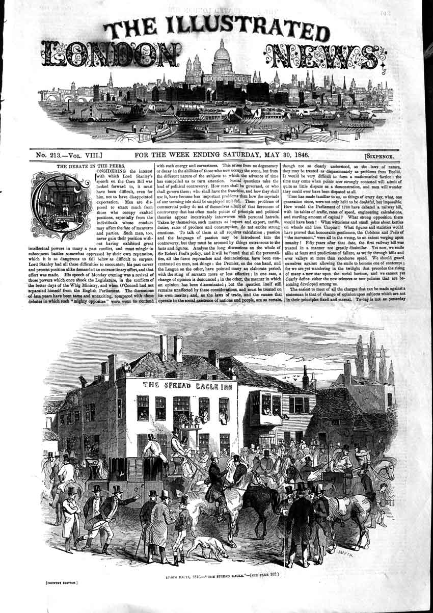 Original Old Antique Print 1846 Epsom Horse Races Spread Eagle Inn Sport 19th