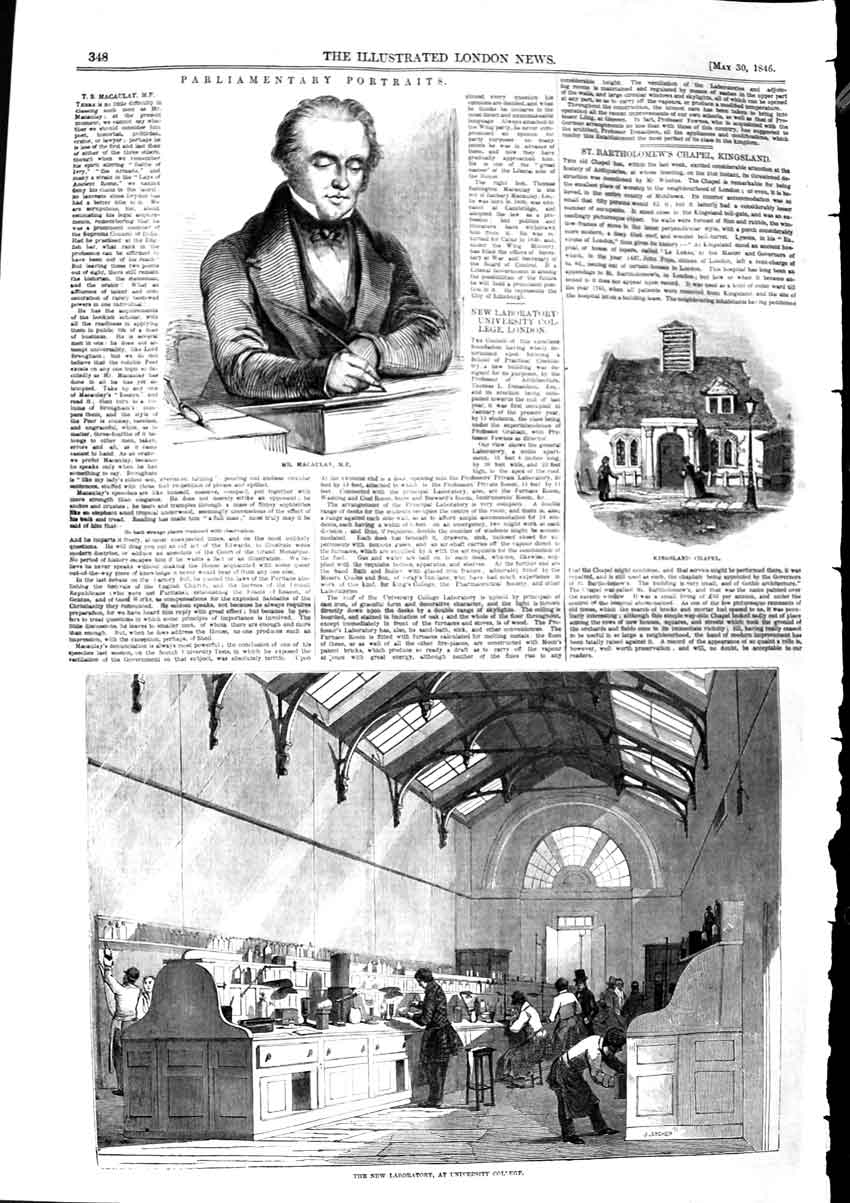 Original Old Antique Print 1846 Mr Macaulay Kingsland Chapel University College