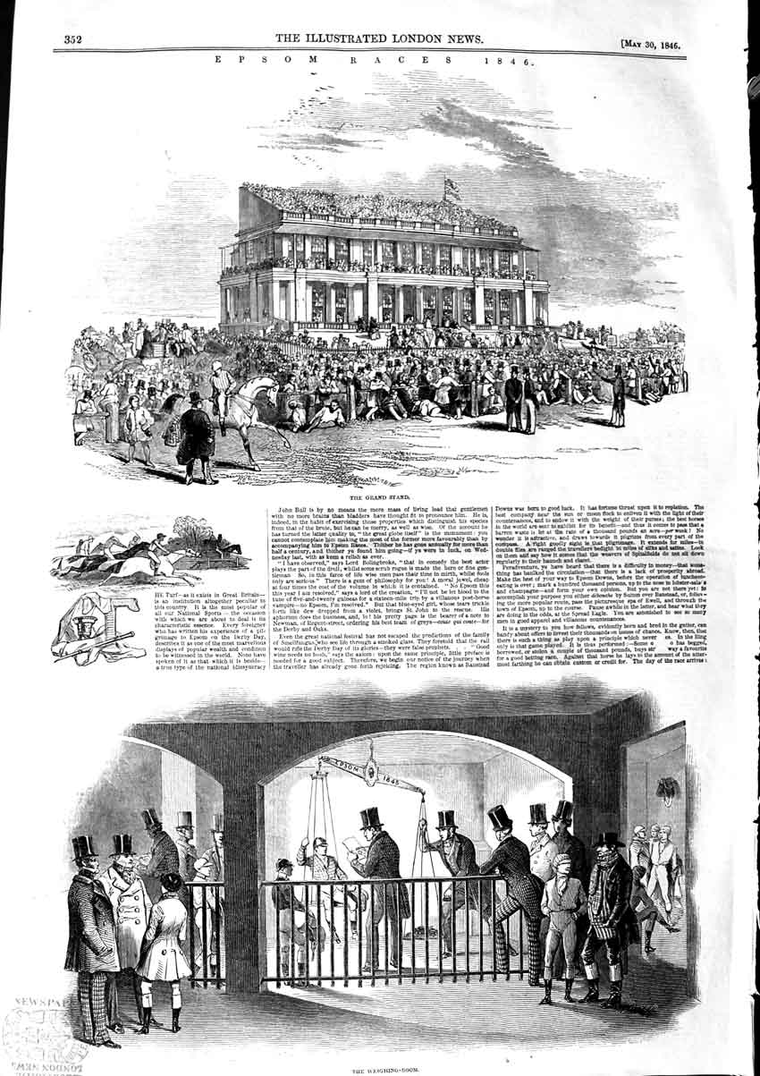 Original Old Antique Print 1846 Epsom Horse Races Grand Stand Exercise Ground