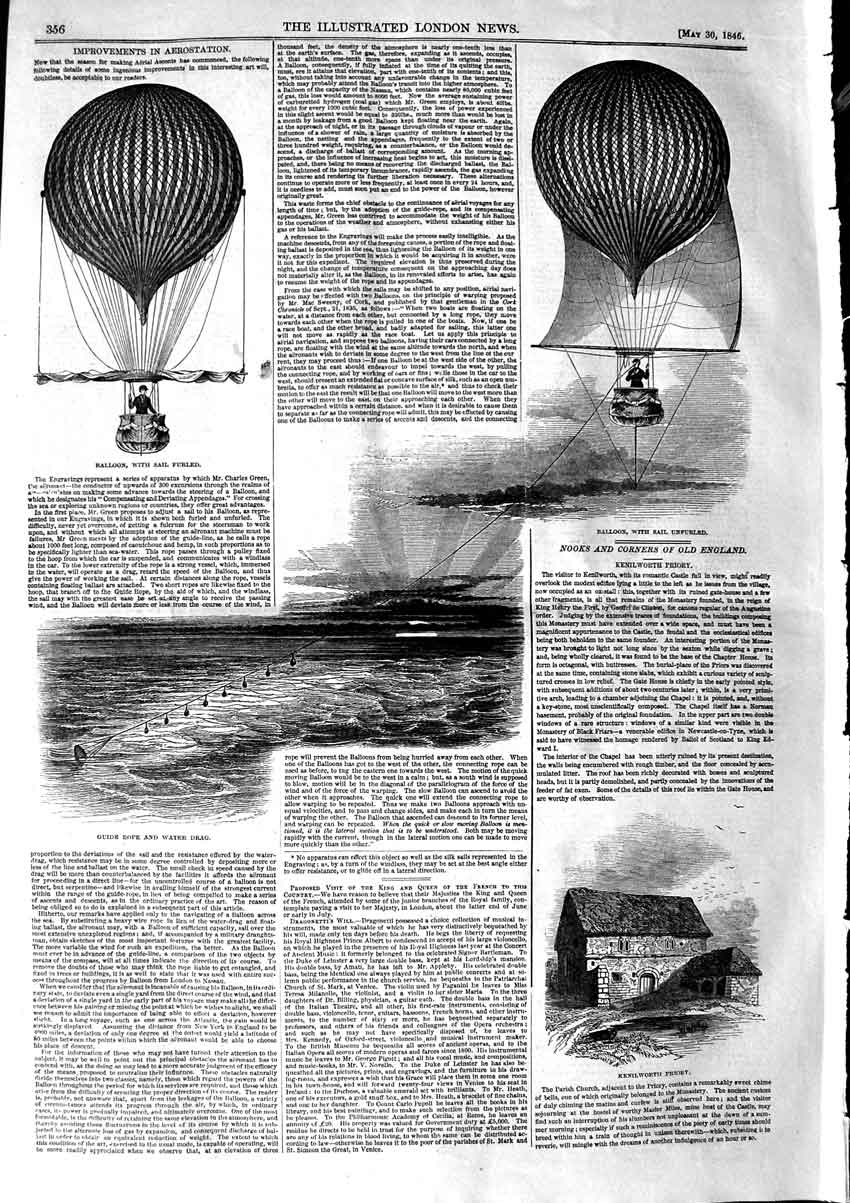 Original Old Antique Print 1846 Aerostation Hot Air Balloon Kenilworth Priory