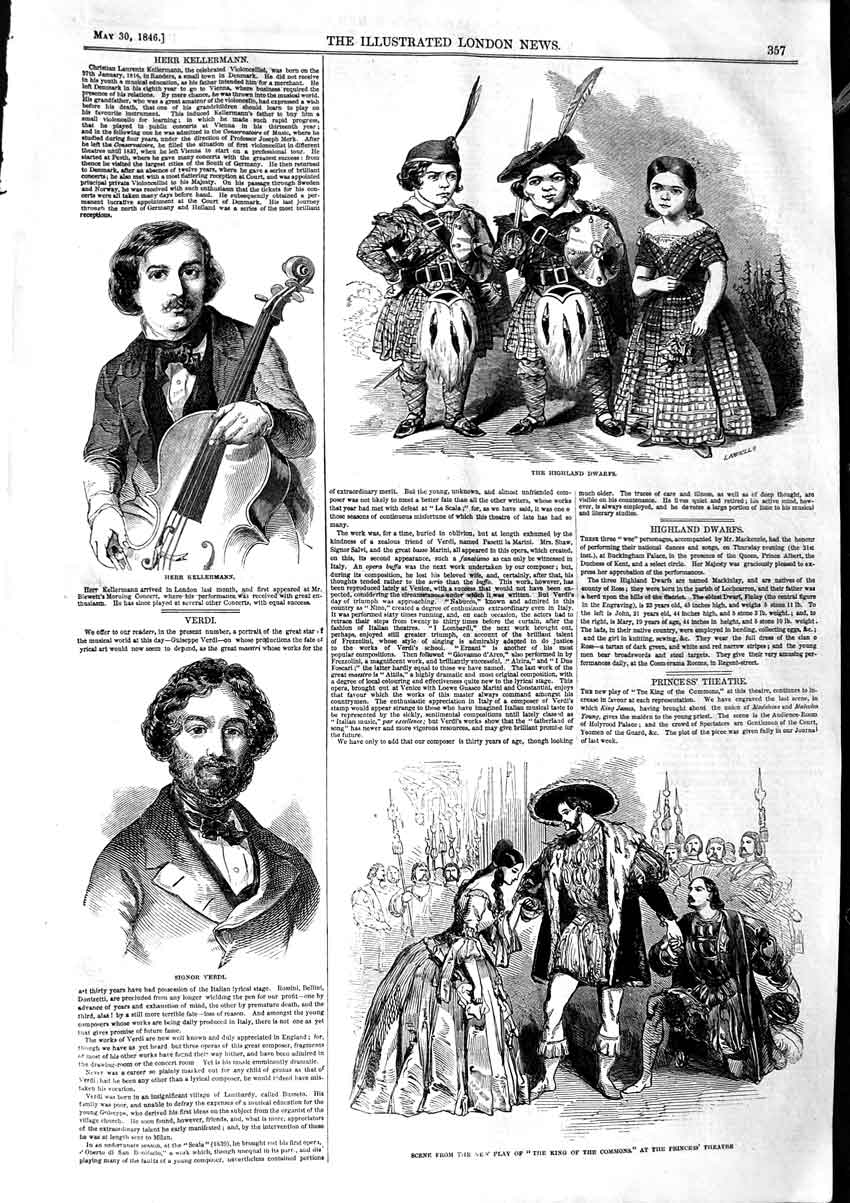 Original Old Antique Print 1846 Kellermann Signor Verdi Scottish Dwarfs Theatre