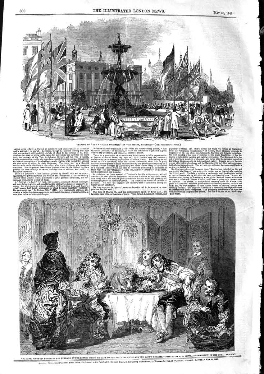 Old Antique Print 1846 Victoria Fountain Steine Brighton Madame Jourdain 19th