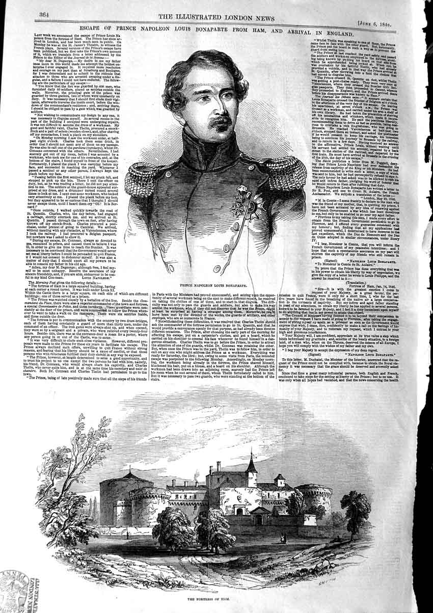 Original Old Antique Print 1846 Prince Napoleon Louis Bonaparte Fortr Victorian