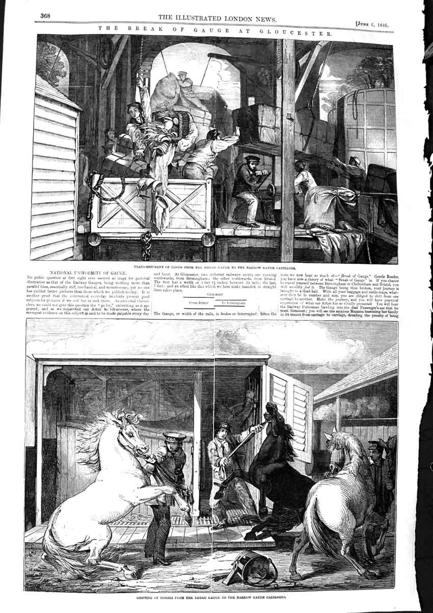Old Antique Print 1846 Guage Carraiges Gloucester Train Horses Passengers 19th