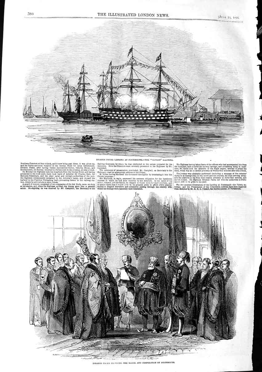 Original Old Antique Print 1846 Ibrahim Pacha Victory Ship Portsmouth Mayor
