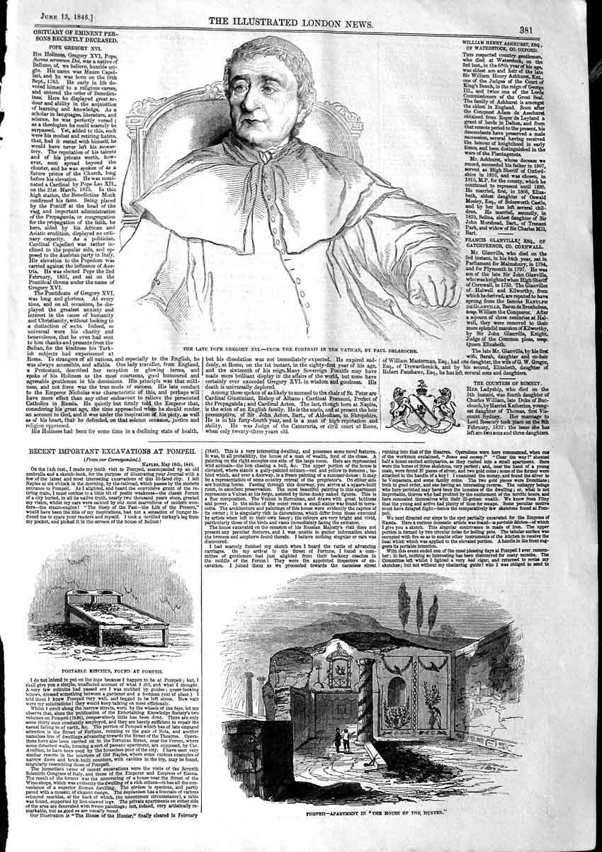 Old Antique Print 1846 Pope Gregory Vatican Pompeii House Hunter Kitchen 19th
