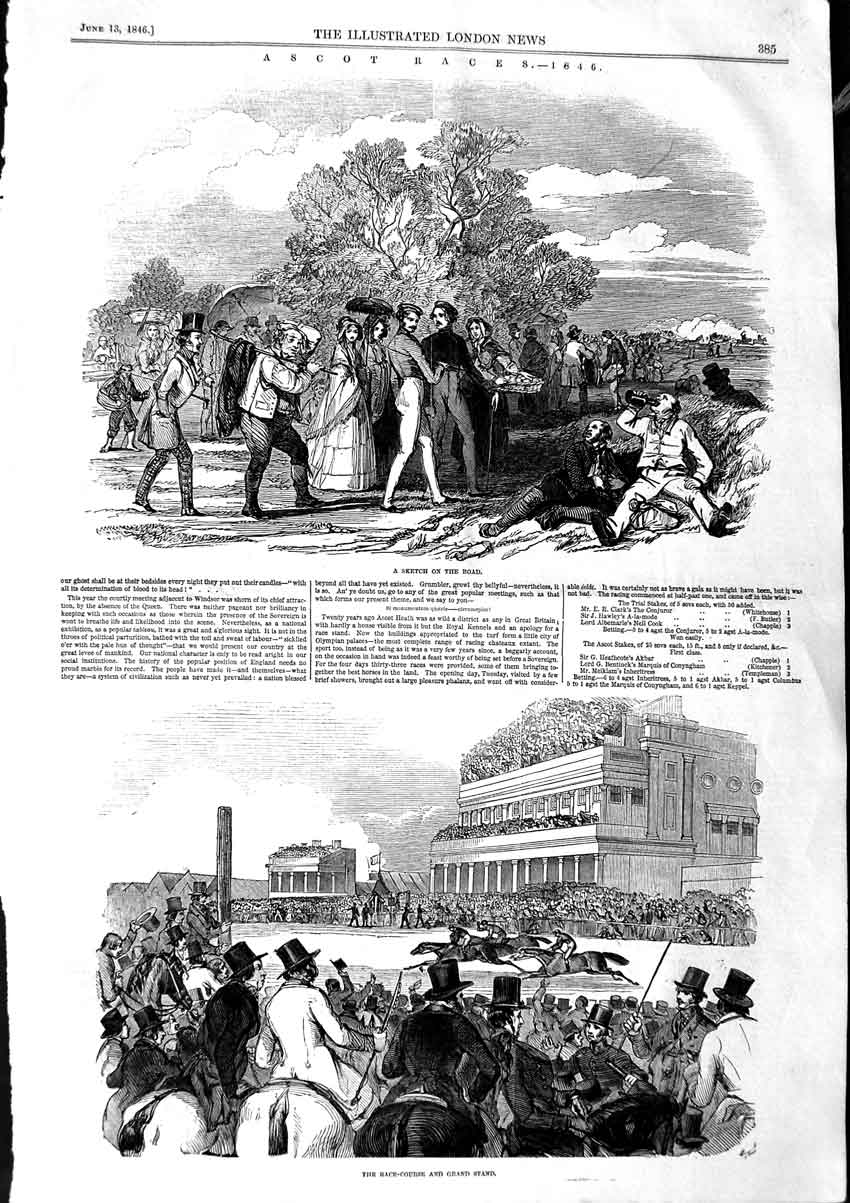 Original Old Antique Print 1846 Ascot Horse Races Grand Stand Windsor Castle