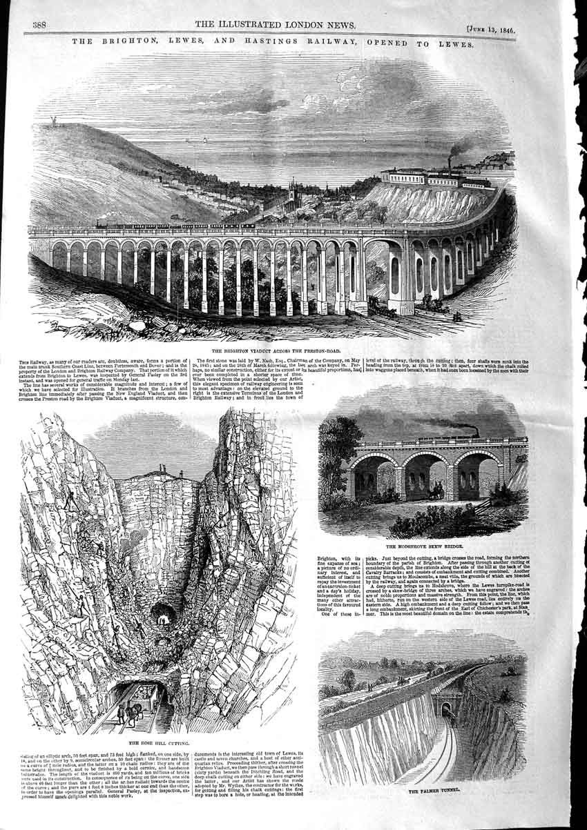 Original Old Antique Print 1846 Brighton Railway Viaduct Falmer Hodshrove 19th