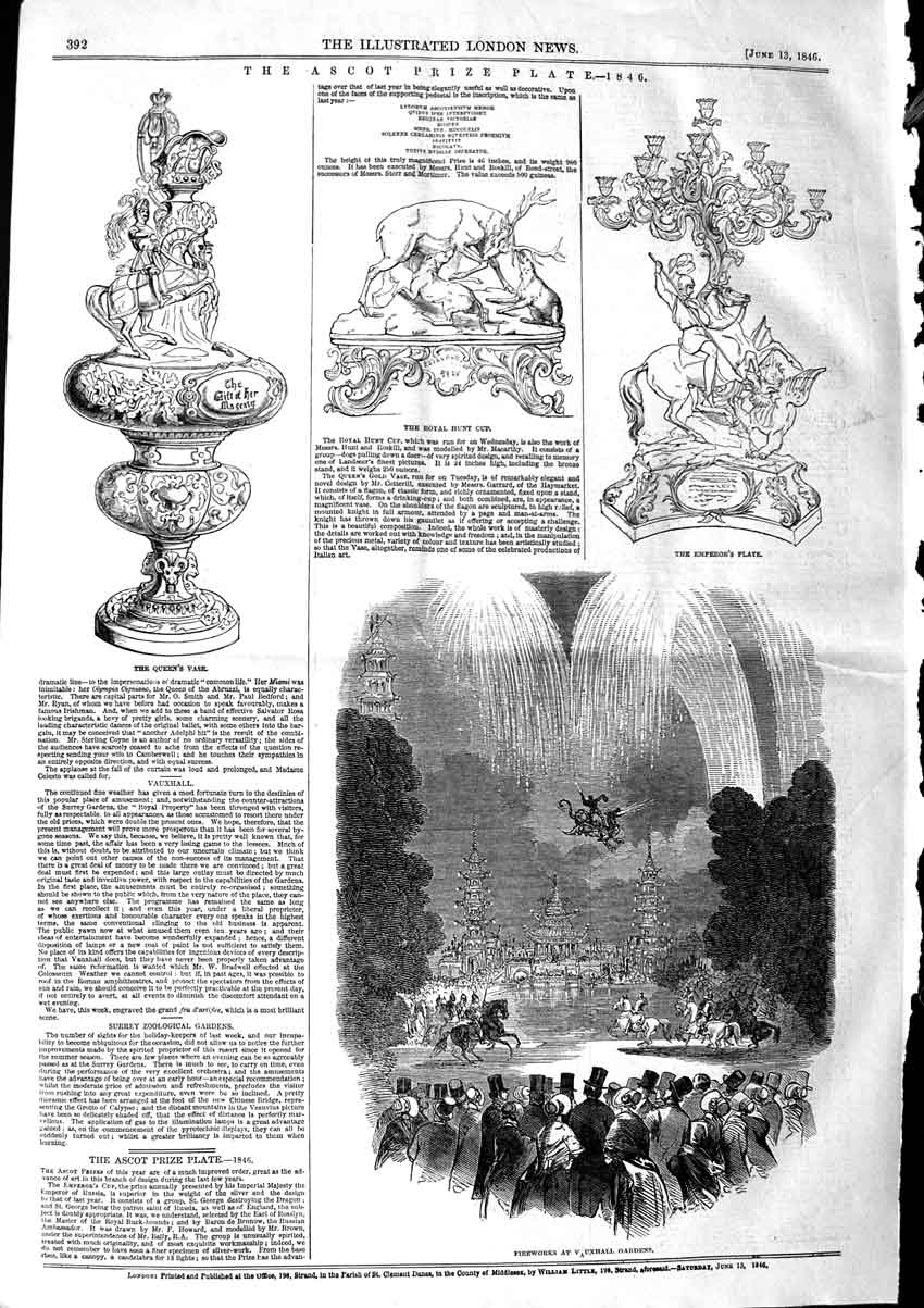 Old Antique Print 1846 Fireworks Vauxhall Gardens Ascot Prize Plate Cup 19th
