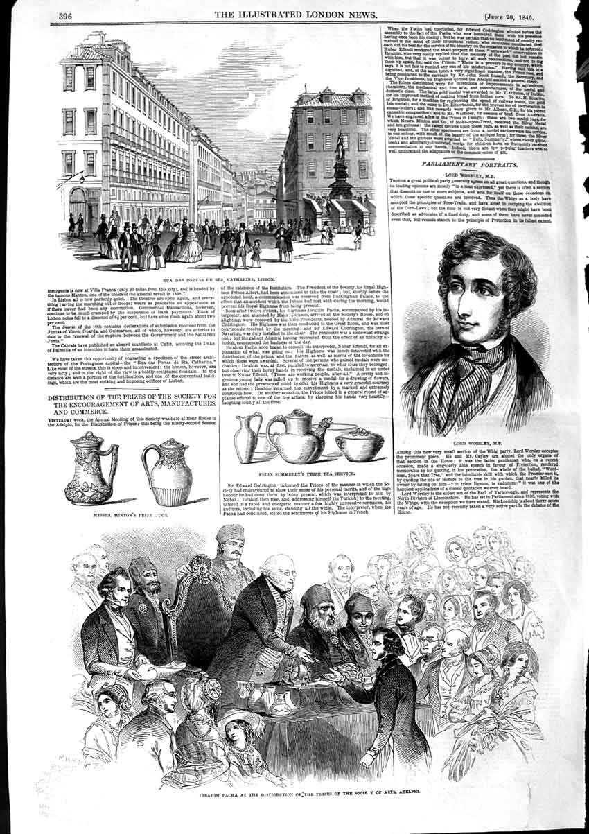 Original Old Antique Print 1846 Lord Worsley Rua Catharina Lisbon Ibrahim Pacha