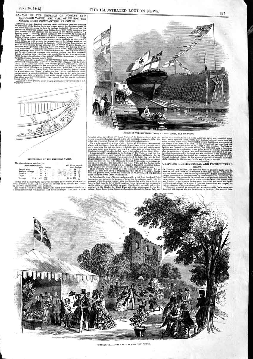 Original Old Antique Print 1846 Emperor Russia Yacht Isle Wight Chepstow Castle