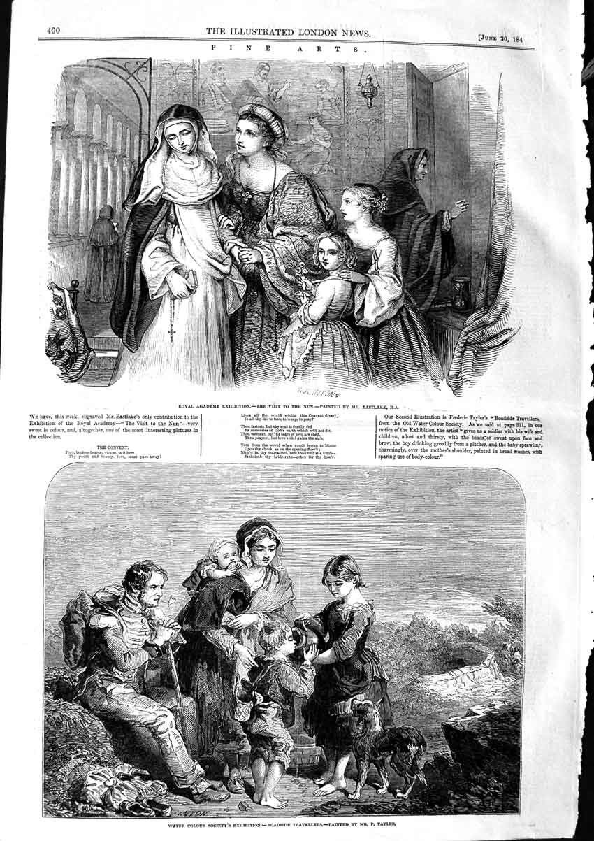 Original Old Antique Print 1846 Fine Art Nun Roadside Travellers Family Country