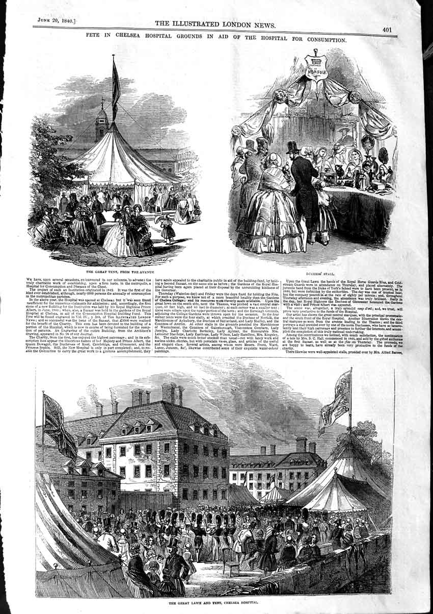 Original Old Antique Print 1846 Fete Chelsea Hospital Lawn Tent Duchess Stall