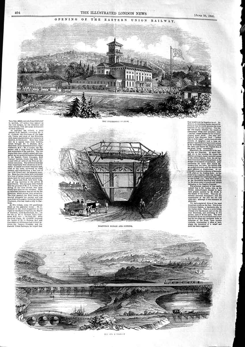Original Old Antique Print 1846 Easter Union Railway Colchester Station Viaduct