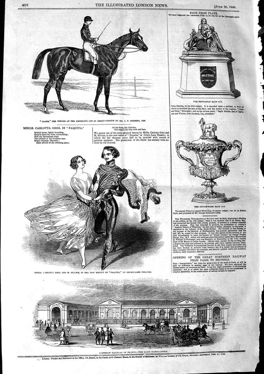 Original Old Antique Print 1846 Horse Alarm Ascot Newcastle Cup Drury Theatre