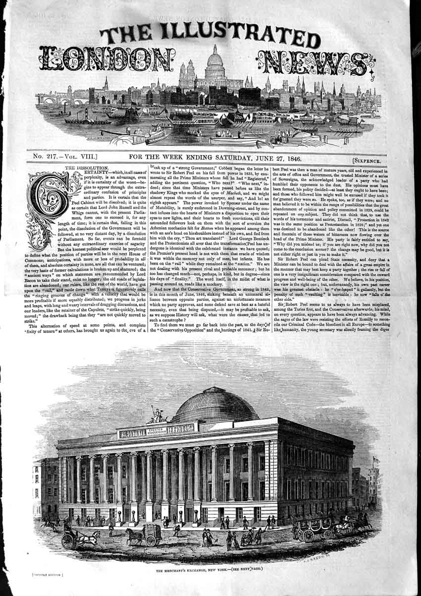 Original Old Antique Print 1846 Merchant'S Exchange Buildings New York America