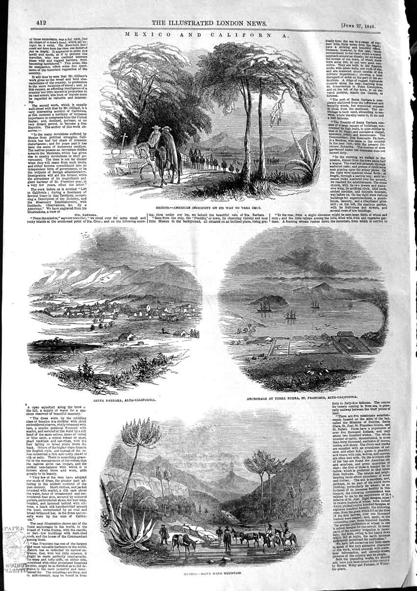 Original Old Antique Print 1846 Mexico California Yerba Buena Santa Victorian