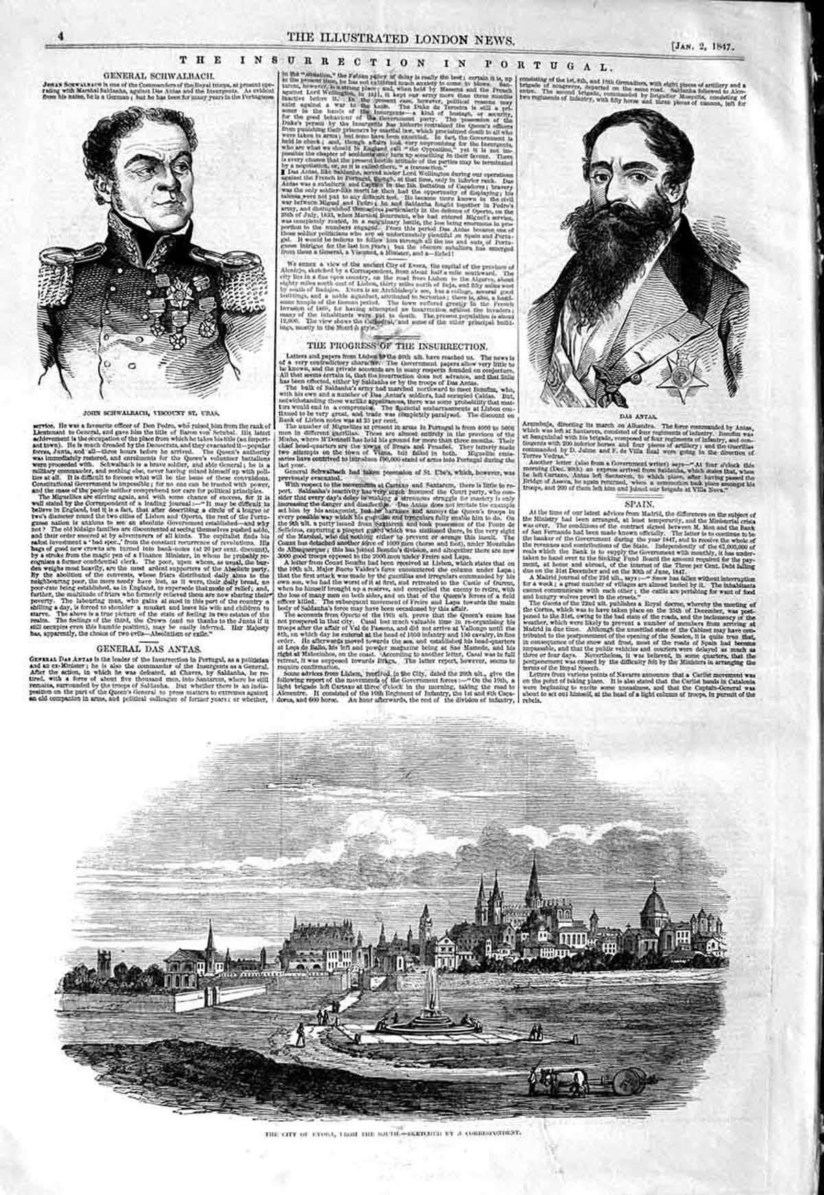 Original Old Antique Print 1847 Insurrection Portugal Evora Schwalbach Antas