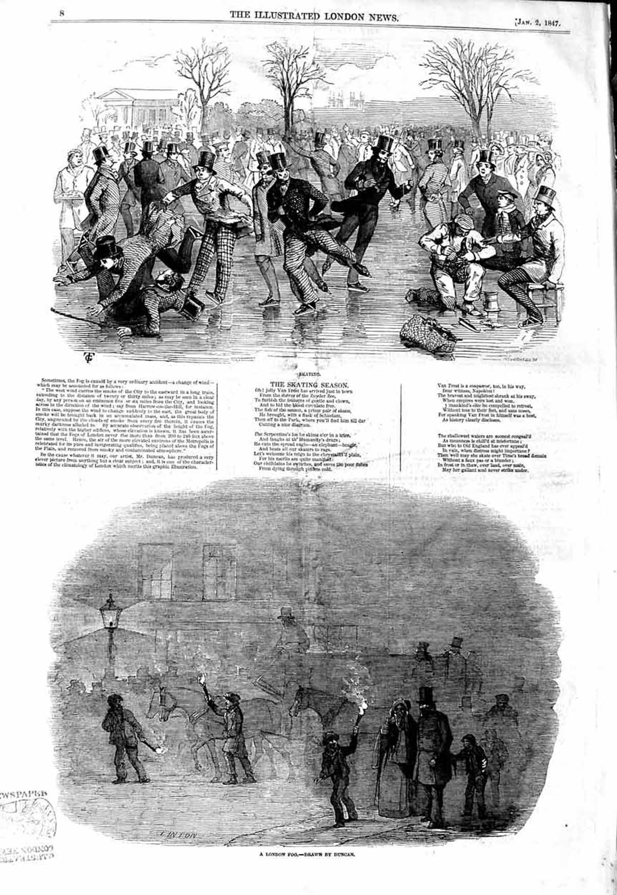 Original Old Antique Print 1847 Ice Skating Winter London Fog Horses Fine Art