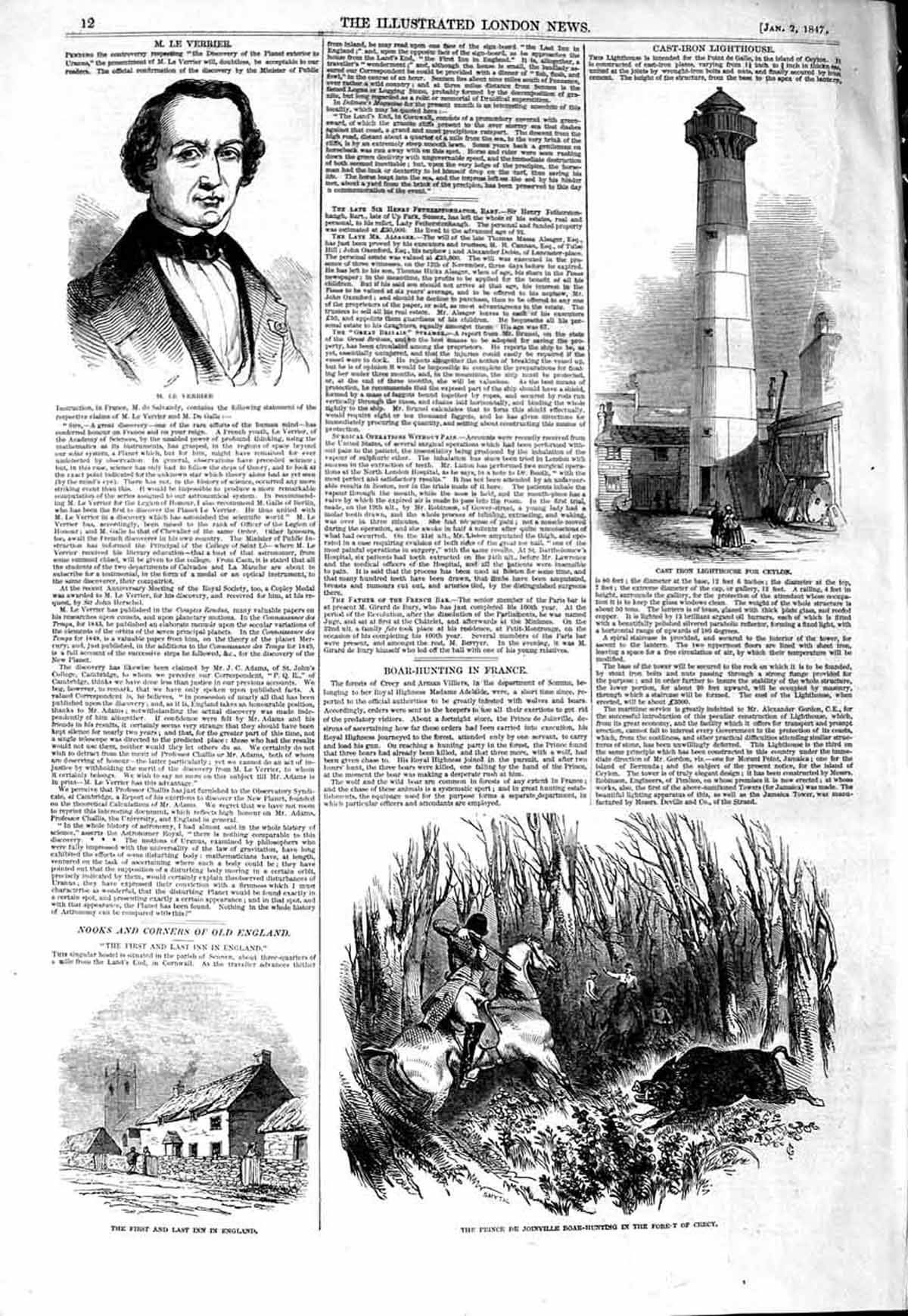 Old Antique Print 1847 Verrier Iron Lighthouse Ceylon Boar Hunting Prince 19th