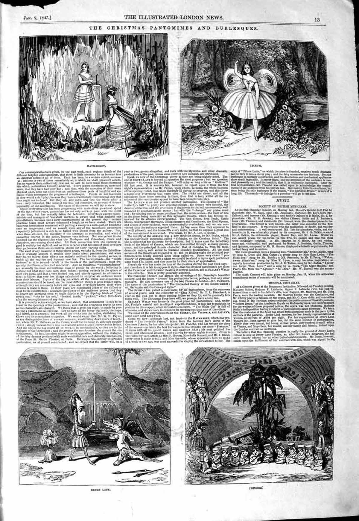 Original Old Antique Print 1847 Christmas Pantomimes Haymarket Drury Princess