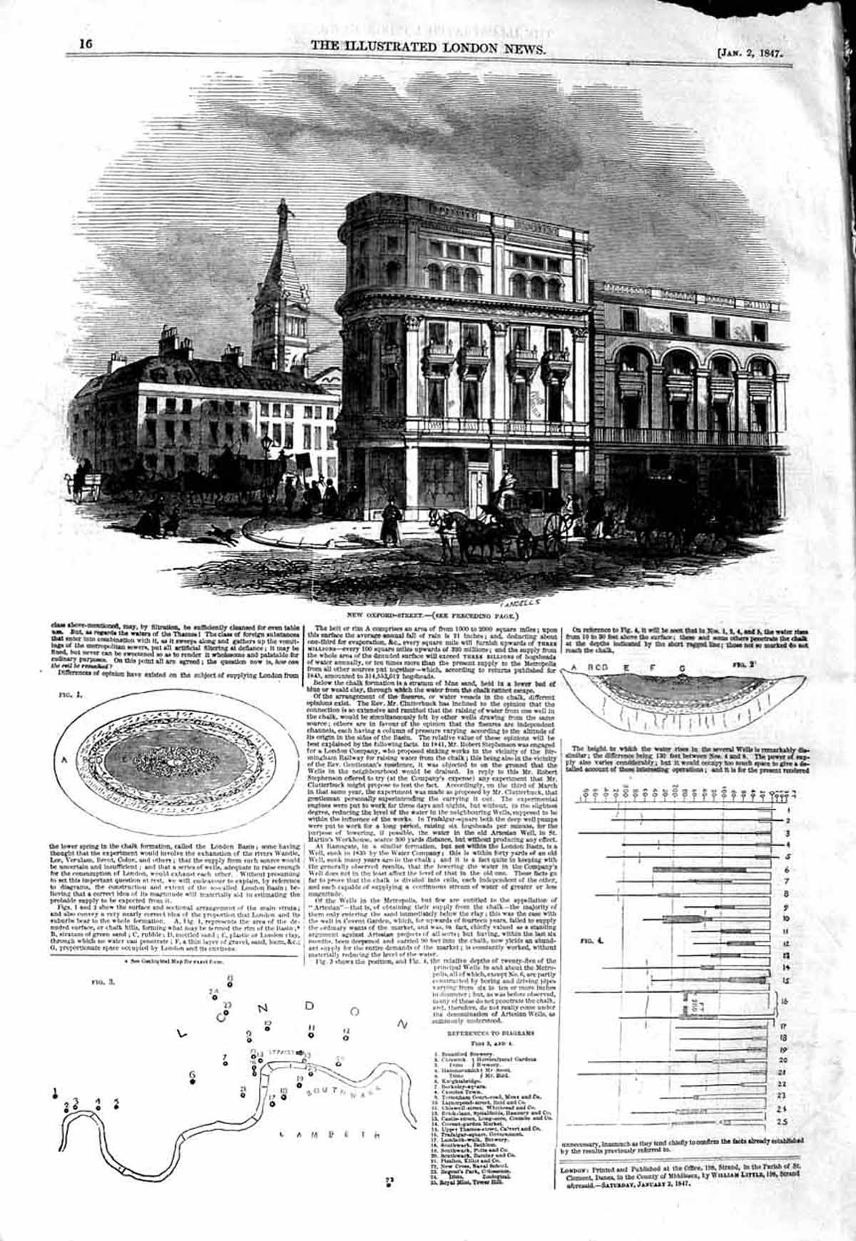 Old Antique Print 1847 Oxford Street London Architecture Map River Thames 19th
