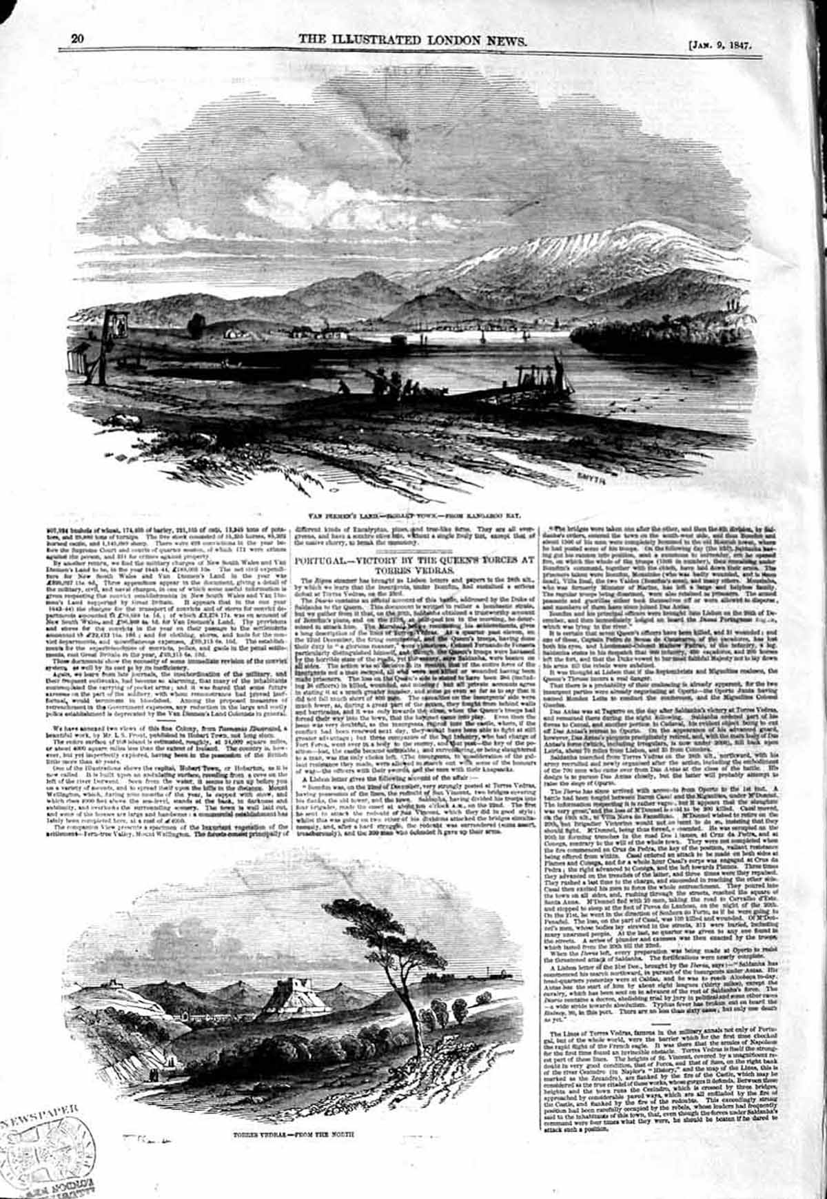 Old Antique Print 1847 Van Diemen'S Land Hobart Town Kangaroo Bay Vedras 19th