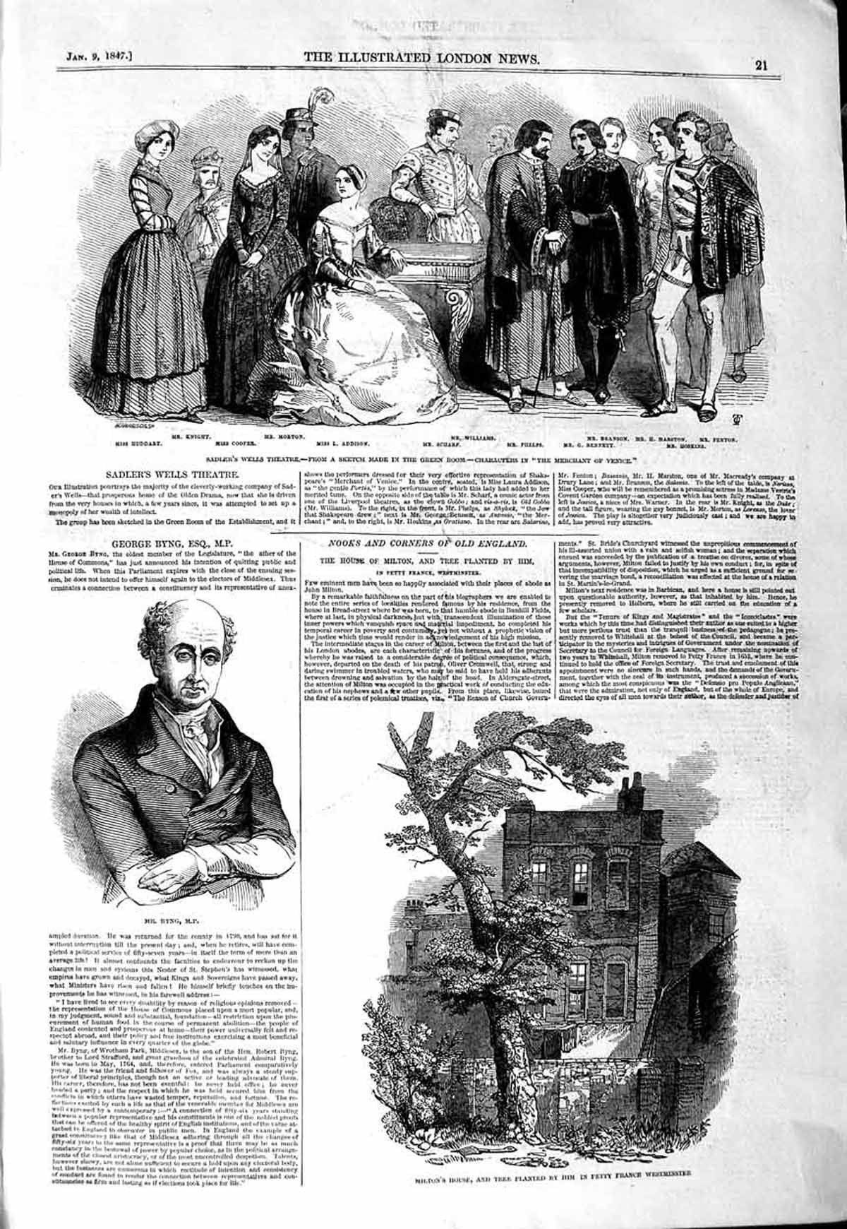 Original Old Antique Print 1847 Byng Milton House Westminster Theatre Merchant