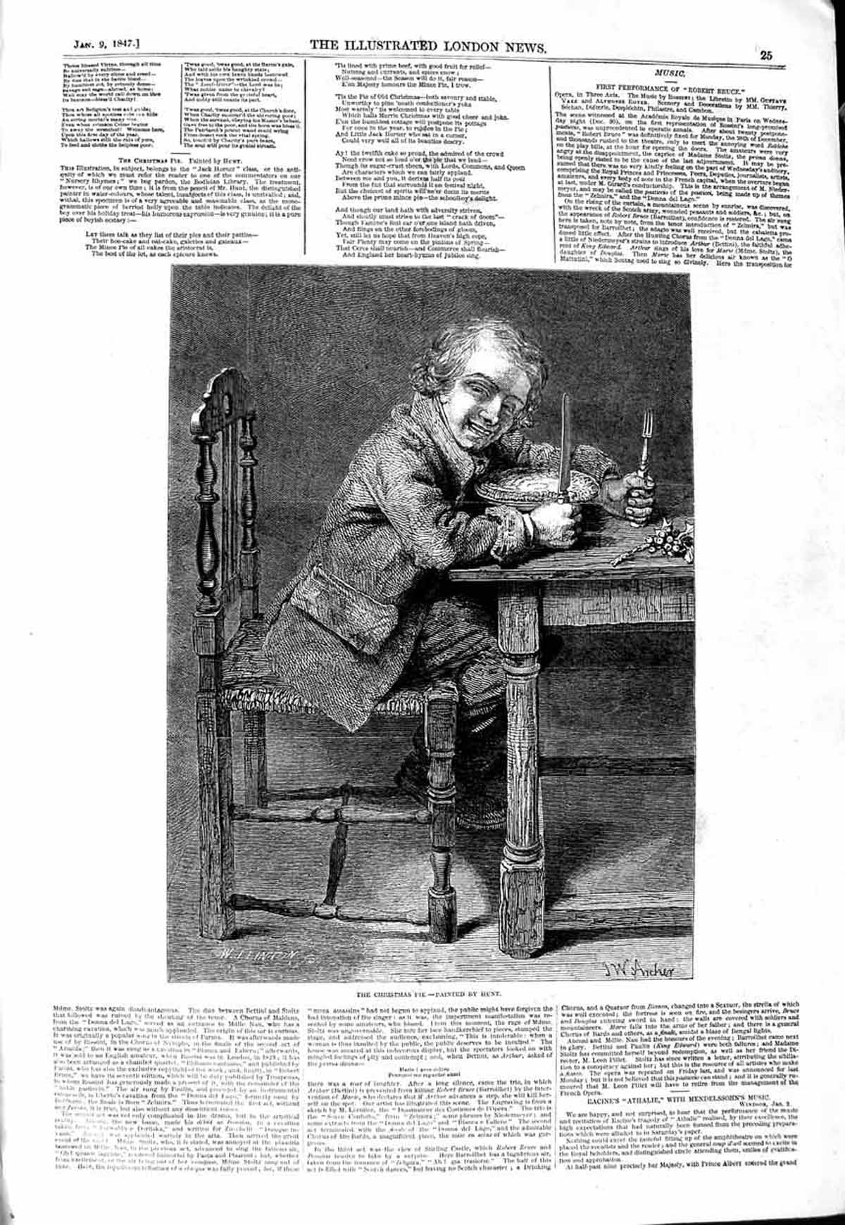 Original Old Antique Print 1847 Hunt Fine Art Christmas Pie Little Boy Dinner