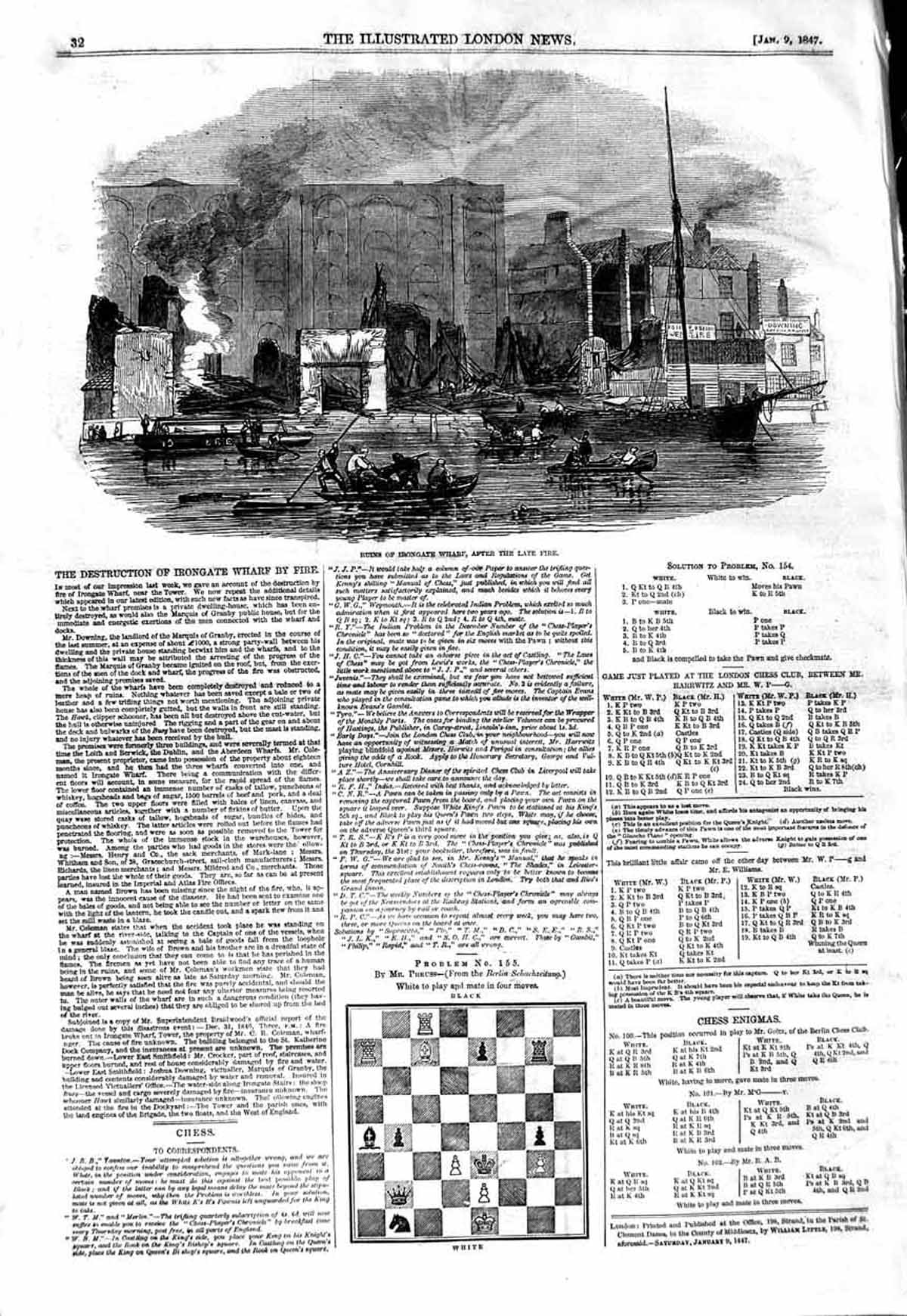 Original Old Antique Print 1847 Buildings Ruins Irongate Wharf Fire Victorian