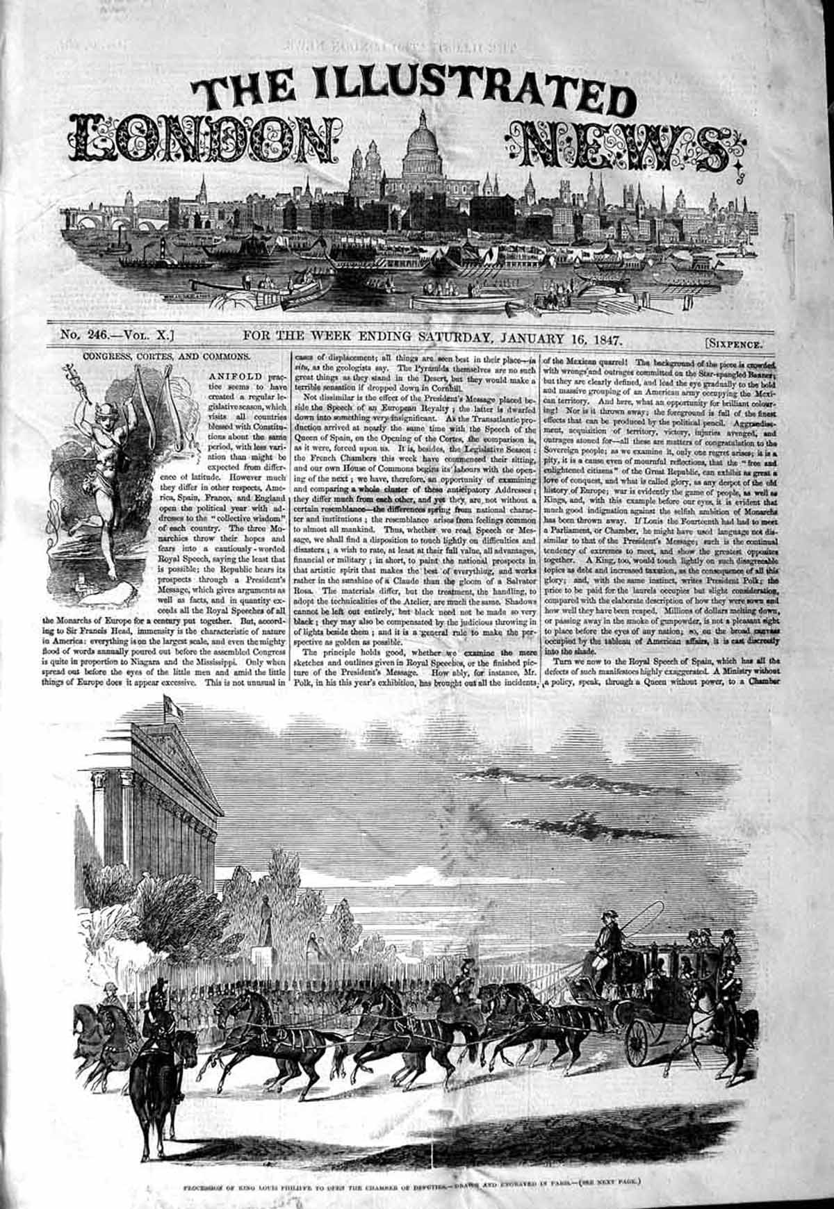 Original Old Antique Print 1847 Procession King Louis Philippe Chamber Deputies