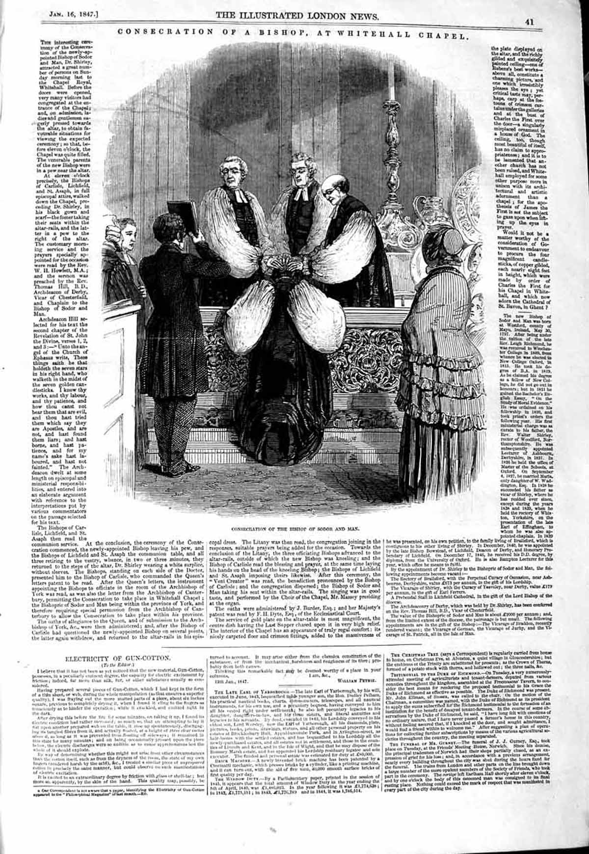Original Old Antique Print 1847 Consecration Bishop Sodor Man Whitehallchapel
