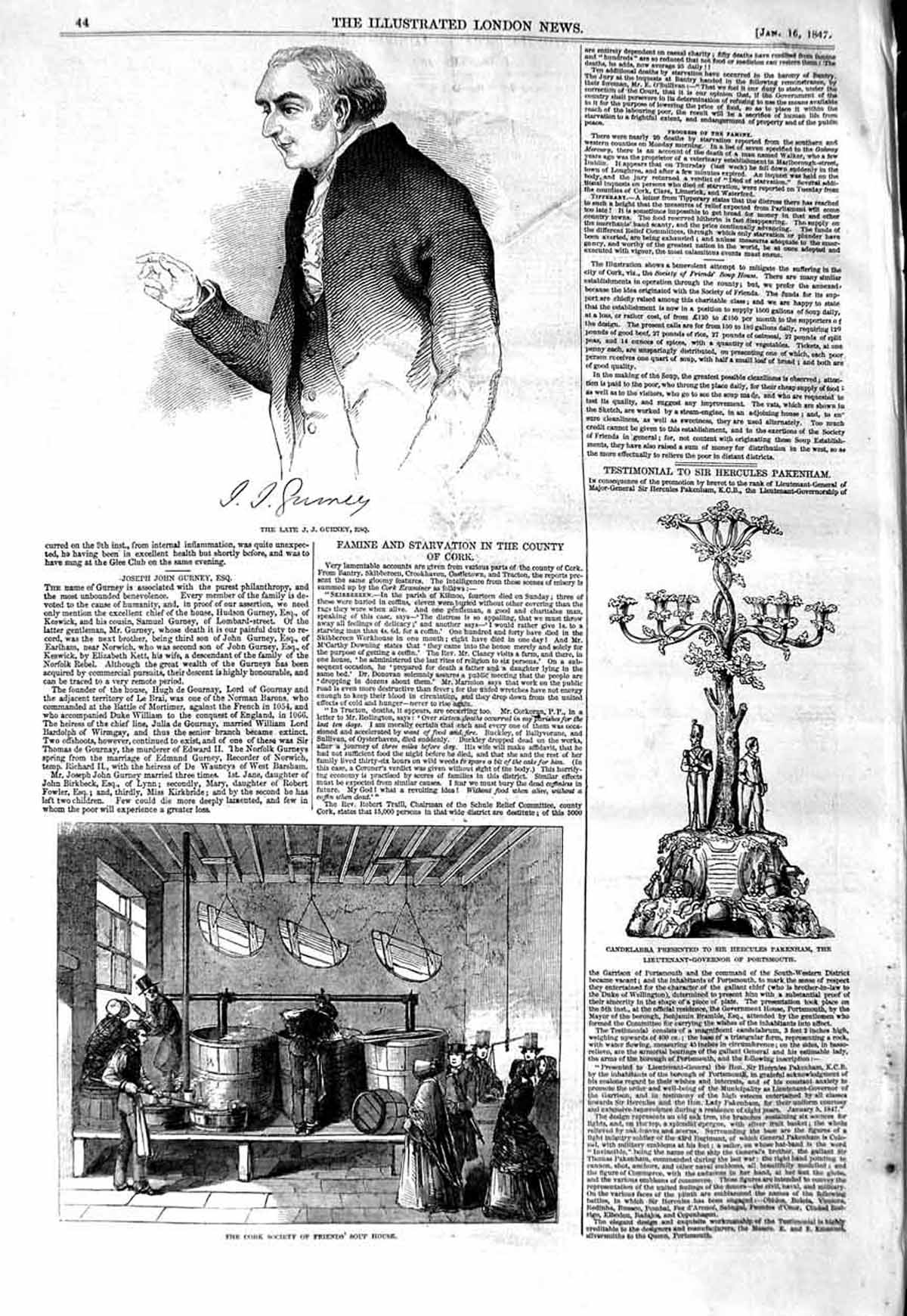 Original Old Antique Print 1847 Cork Soup House Candelabra Pekenham Gurney 19th