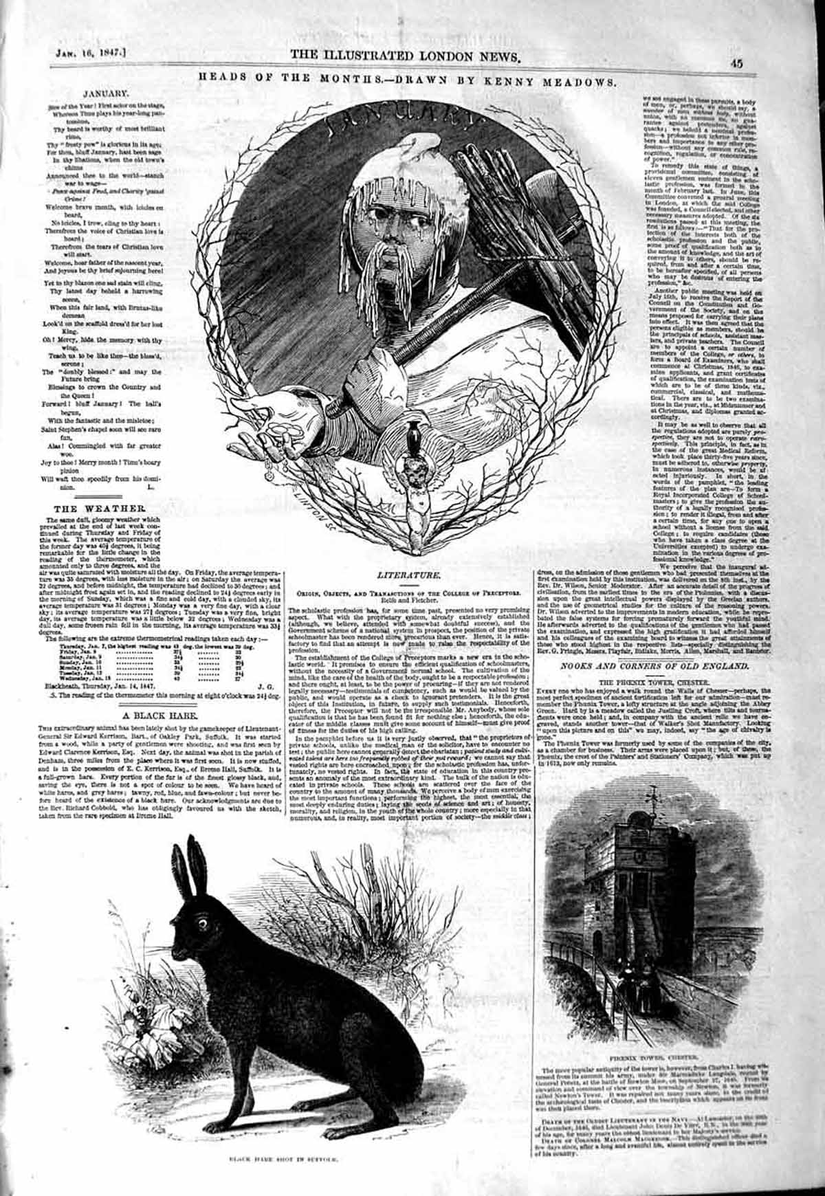 Old Antique Print 1847 Blac Hare Suffolk Phoenix Tower Chester Man Head 19th