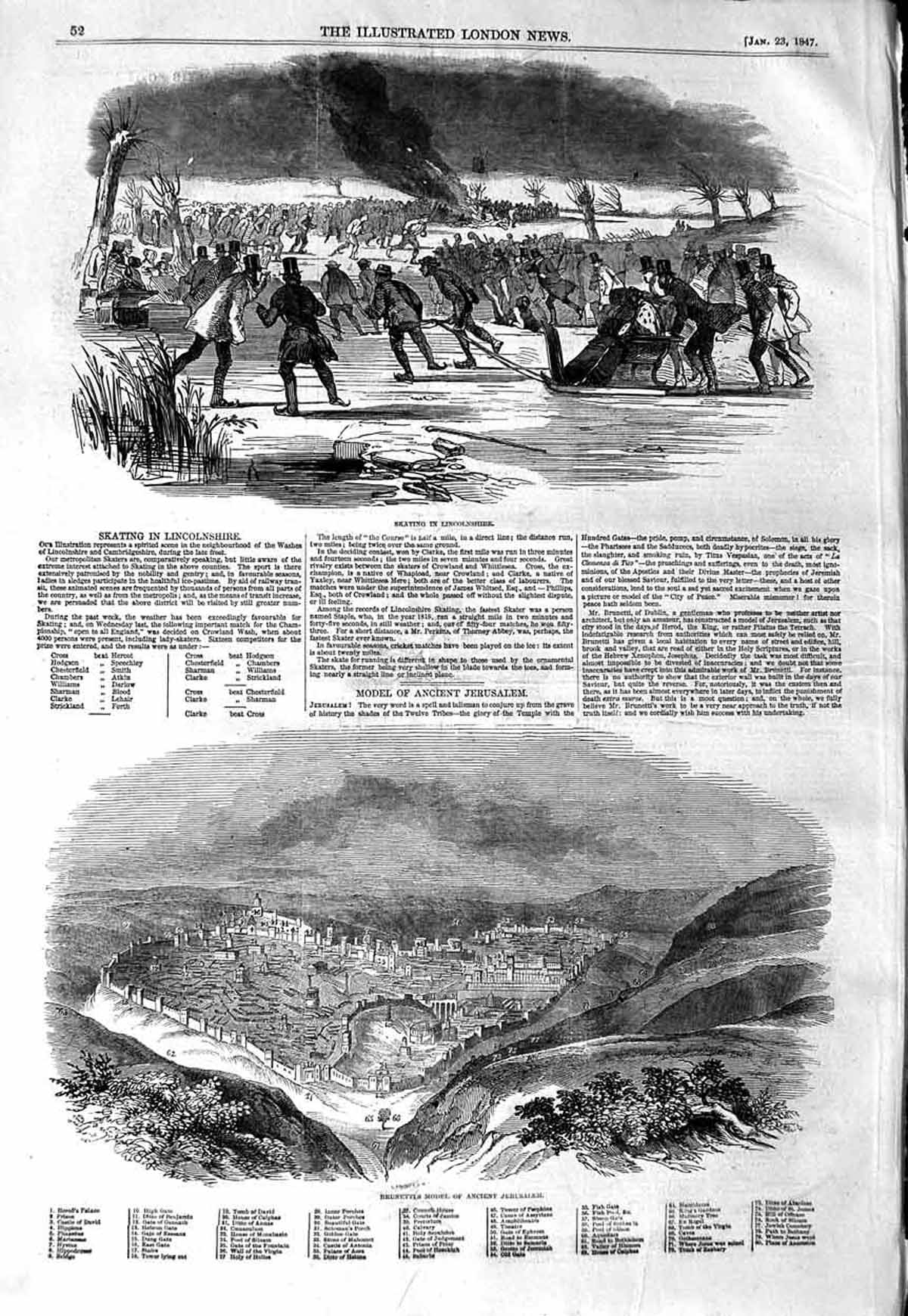 Old Antique Print 1847 Ice Skating Lincolnshire Brunetti Model Jerusalem 19th