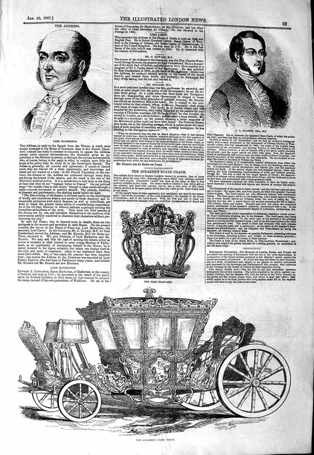 Original Old Antique Print 1847 Speakers State Coach Hind Standard Hatherton