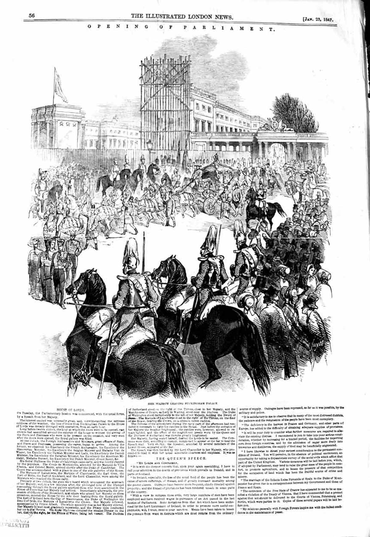 Original Old Antique Print 1847 Queen Buckingham Palace Parliament House Lords
