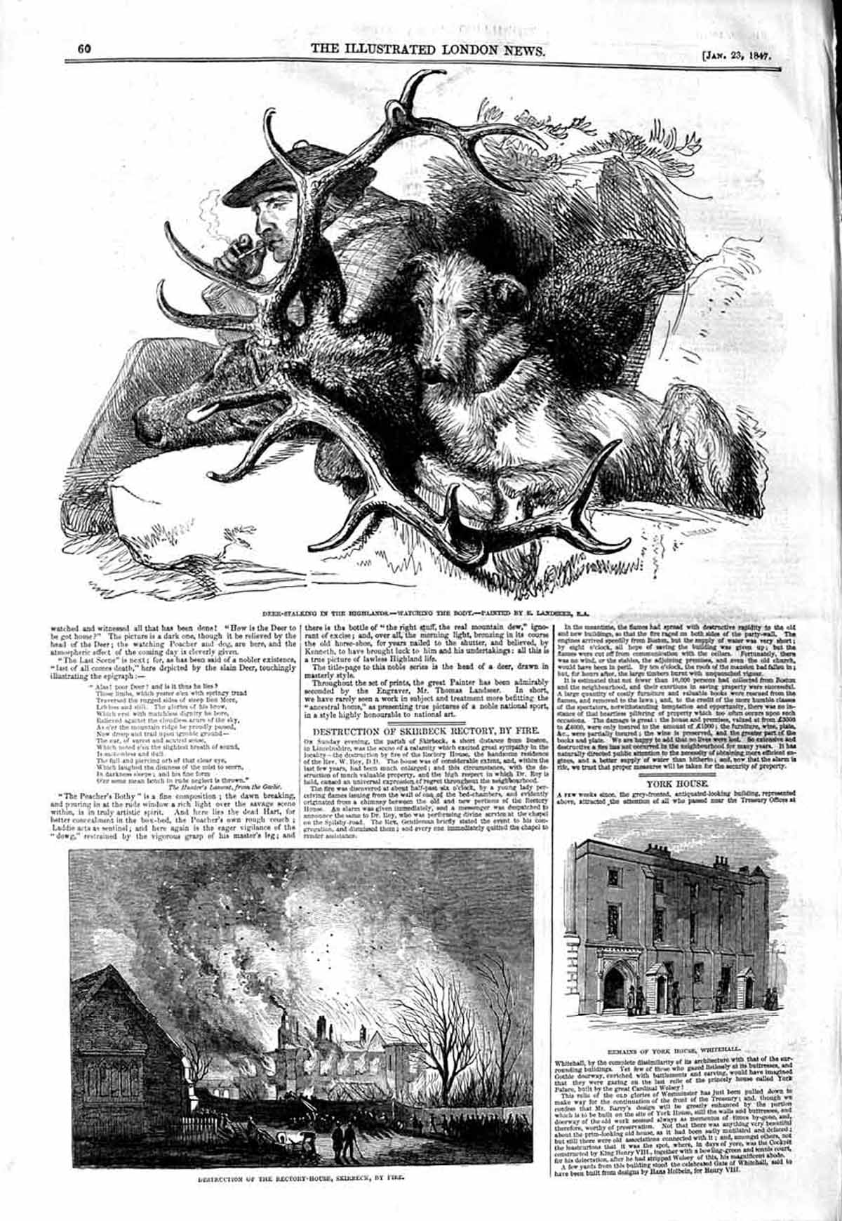 Original Old Antique Print 1847 Deer Stalking Highlands Scotland Fire Skirbeck